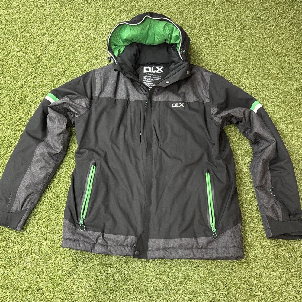 DLX Izard Ski Jacket Mens L Black Green Hooded Waterproof Membrane Outdoor Shell